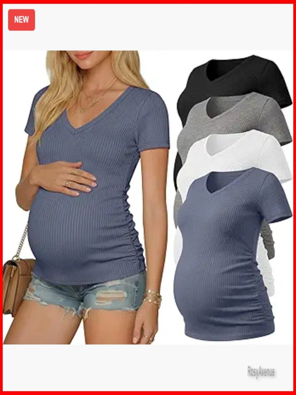 4 Pack Maternity V-Neck Tees, Cotton Ribbed Side Ruched Pregnancy Tops